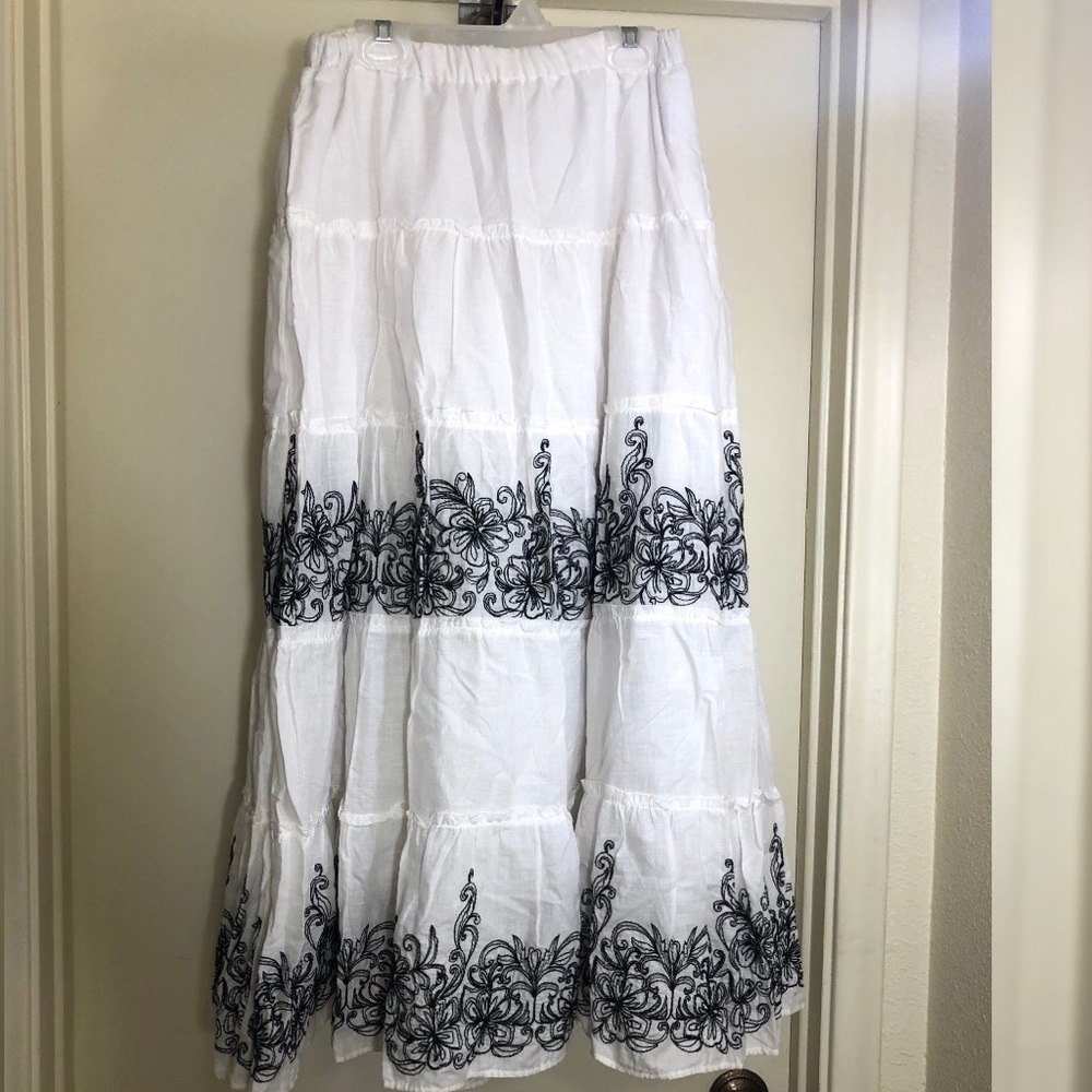 White Embroidered Tiered Maxi Skirt